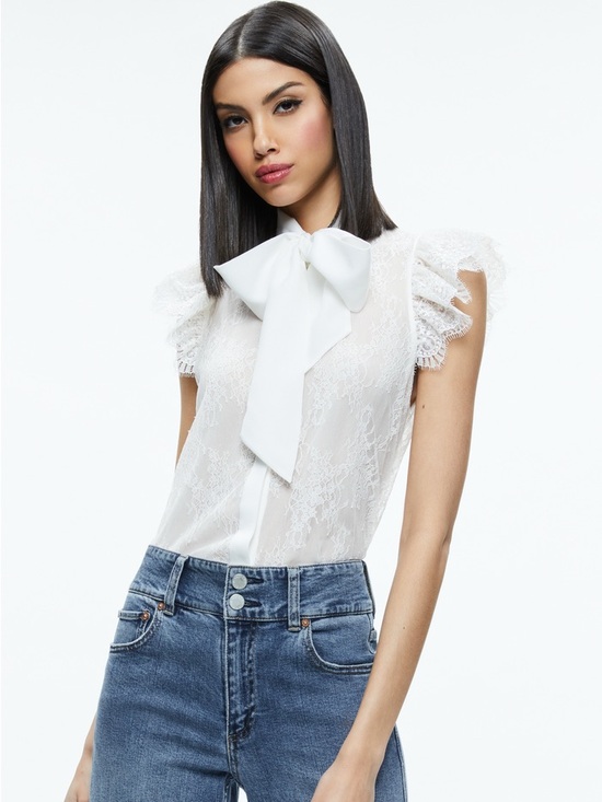 Alice + Olivia Tops - Alice + Olivia Talulah Ruffled Sleeve Bow Tie Neck White Lace Blouse Size Large